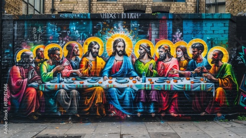 Obraz na płótnie Bold Graffiti-Style Mural of Urban Last Supper with Diverse Disciples
w salonie