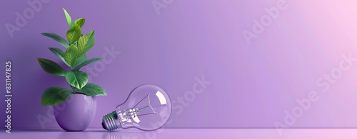 Green energy concept with a light bulb and plant on a purple background, banner design. Creative idea for eco-friendly power cut off and environmental protection.