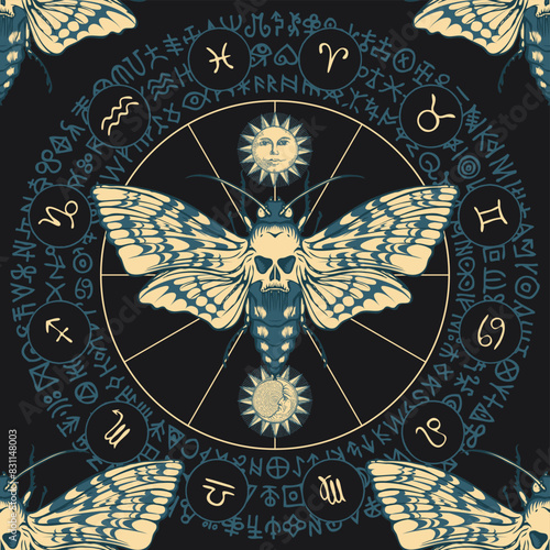 vector seamless pattern with  death's head butterfly on the background of the zodiac circle with sun and moon, ancient runes and magic symbols