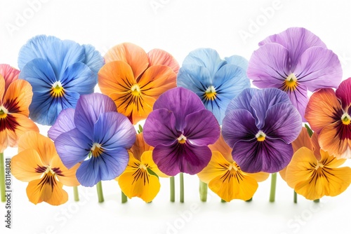 Colorful pansies close-up on white surface photo