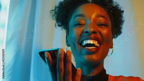 Happy black woman phone and communication at office with smile in networking or social media African female person or employee enjoying online browsing or chat on mobile smartphone app : Generative AI