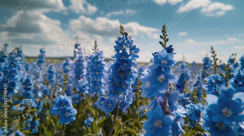 Field of bright delphinium blossoms in Wick Pershore Worcestershire