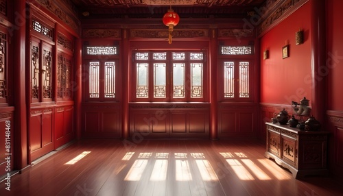 Empty classic red Chinese room. 3D Render