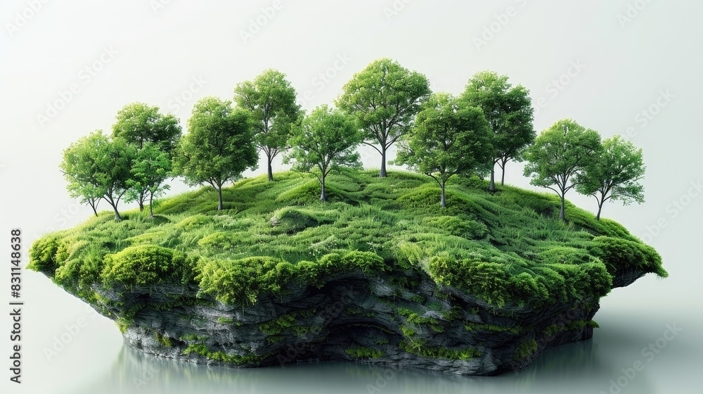 Fototapeta premium A small, lush island with trees and grass, floating in a white, empty background.