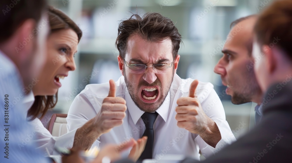 A business meeting gone wrong, with one member visibly angry while others attempt to calm the situation A business meeting gone wrong, with one member visibly angry while others attempt to calm the situation