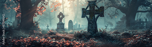 A haunted graveyard with an eerie mist nightfall scream spooky season on dark background
 photo