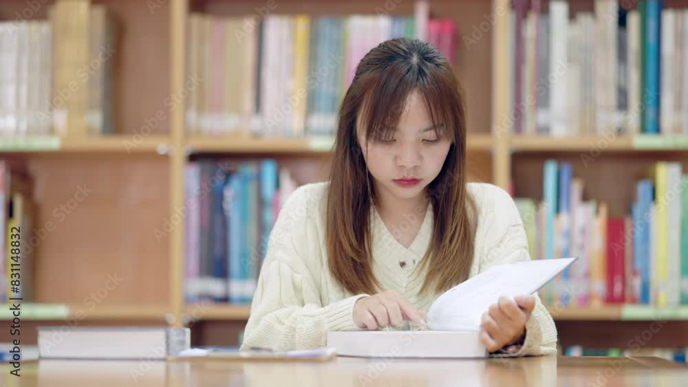 A young woman is sitting at a table in a library, reading a book. She is focused and engaged in her reading. The library is filled with numerous books, both on the table and on the shelves around her