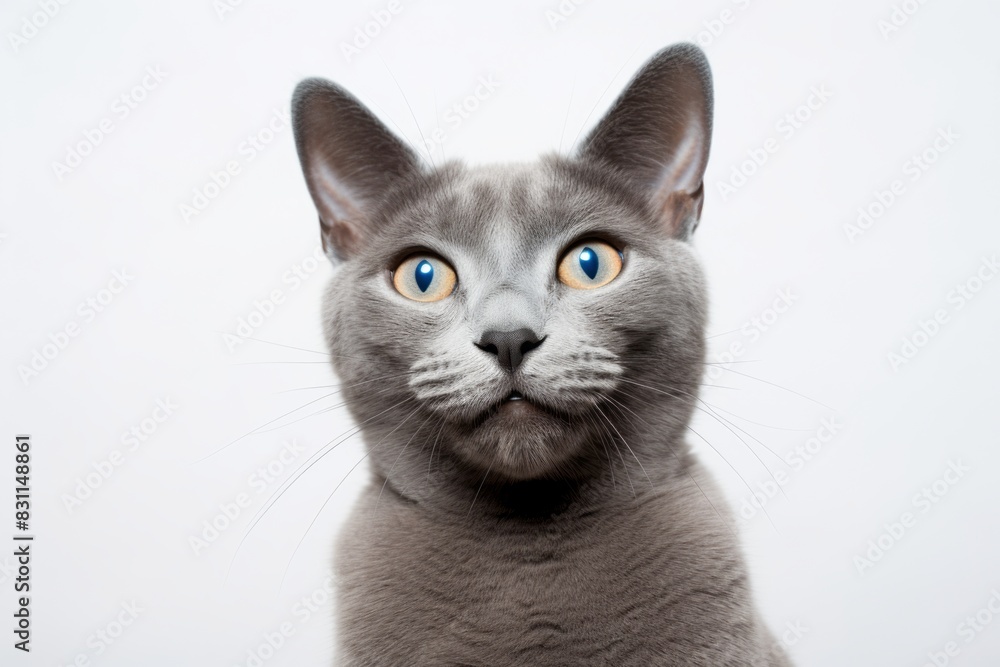 Portrait of a smiling russian blue cat in white background