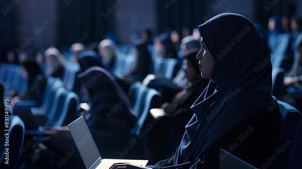 Arab Female Sitting in a Dark Crowded Auditorium at a Human Rights Conference Young Muslim Woman Using Laptop Computer Activist in Hijab Listening to Inspiring Speech About Global Init : Generative AI