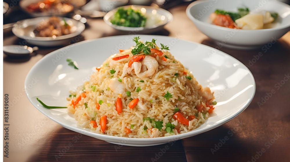 Plate of Crab Fried Rice served with sides, enhancing its taste and adding complementary flavors, a delightful Thai dish experience. Plate of Crab Fried Rice served with sides, enhancing its taste and adding complementary flavors, a delightful Thai dish experience.