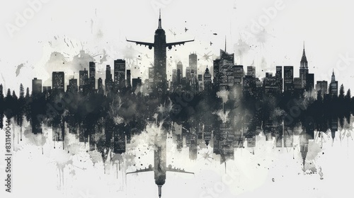 A stylized cityscape with an airplane flying over it, rendered in black and white with an abstract watercolor effect. photo