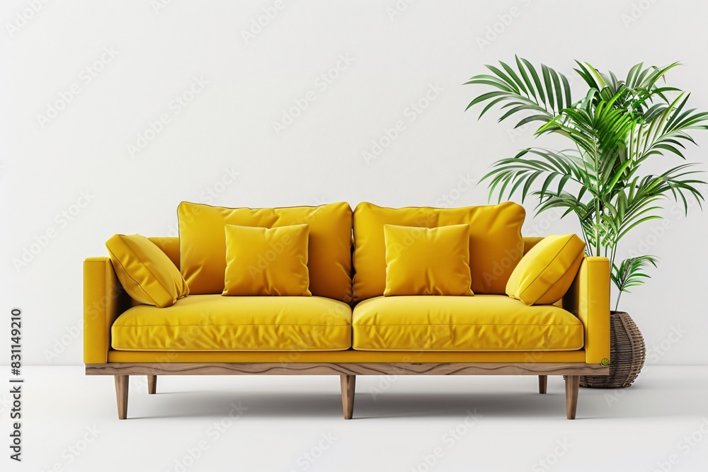 Fototapeta premium Yellow couch, pillows, plant close up