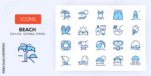 Line icons about beach activities and summer. Contains such icons as beach, surf, tropical island and more. 256x256 Pixel Perfect editable in two colors