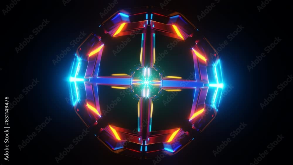 Pulsing neon strobe lights animate the backdrop.