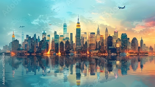 A vibrant cityscape with skyscrapers reflected in the water at sunset. Two airplanes fly overhead. A digital painting.