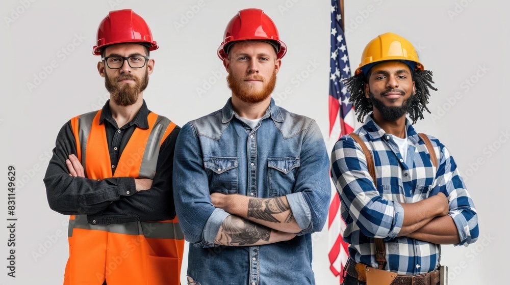 American flag with three diverse workers. Labor day concept. American flag with three diverse workers. Labor day concept.