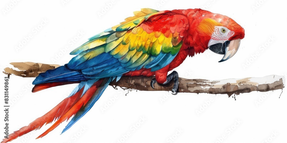 Scarlet macaw perched on a tree branch set against an artistic, colorful tropical background
