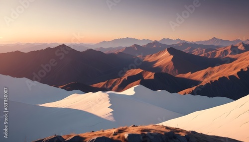 A dramatic sunset over a rugged mountain range  casting long shadows across the landscape.