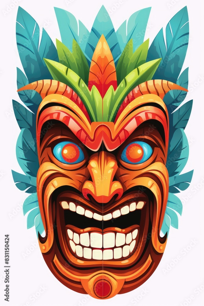 Illustration of a tropical Tiki mask. Symbol of a wild tribe in the jungle on white background. Illustration of a tropical Tiki mask. Symbol of a wild tribe in the jungle on white background.