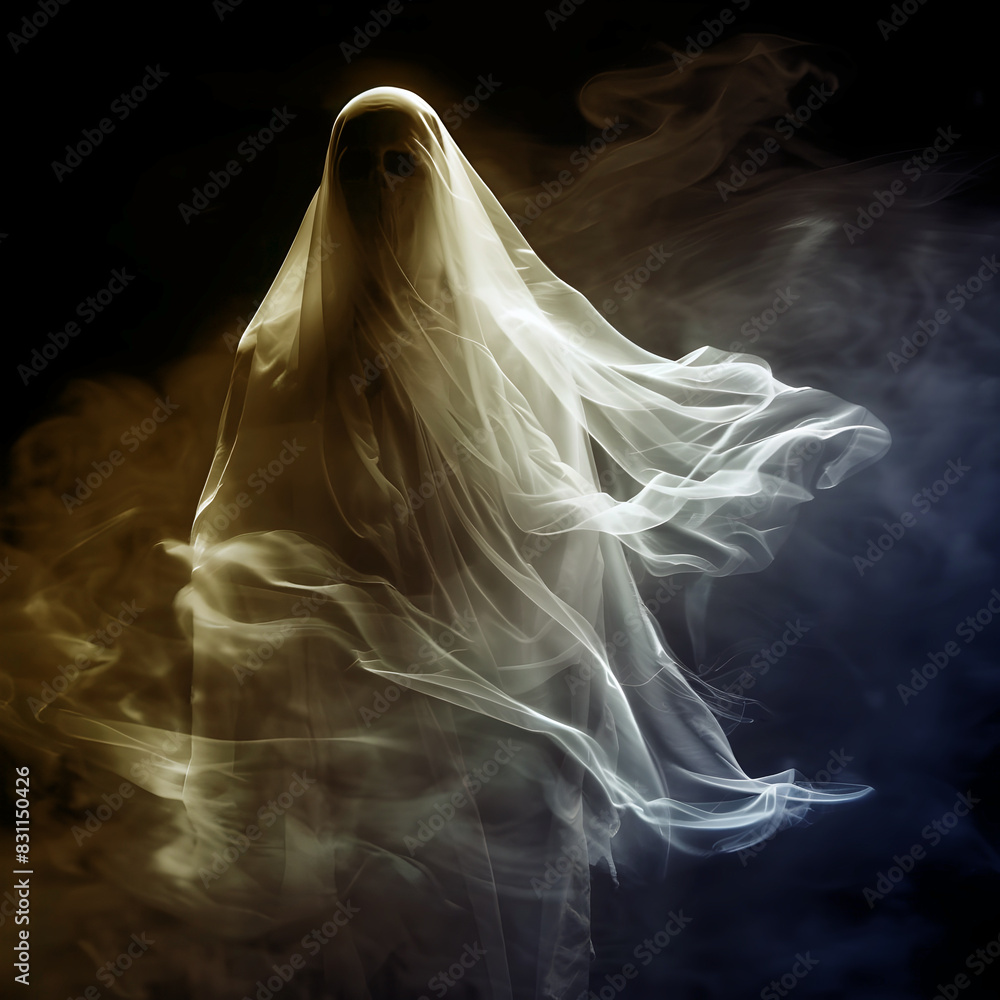 Ghostly spectre emerging from the darkest coming to haunt humans - transparent other worldly being draped in fine white mist isolated on a dark background ideal for a spiritual ghost hunter theme
Ghostly spectre emerging from the darkest coming to haunt humans - transparent other worldly being draped in fine white mist isolated on a dark background ideal for a spiritual ghost hunter theme