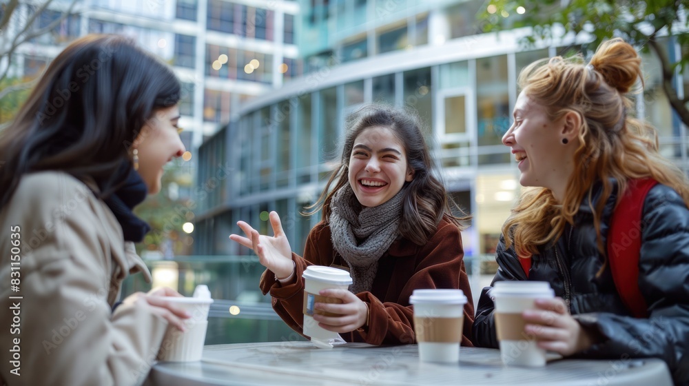 Cheerful young woman sitting in outdoor cafe drinking coffee with friends and talking together. Cheerful young woman sitting in outdoor cafe drinking coffee with friends and talking together.