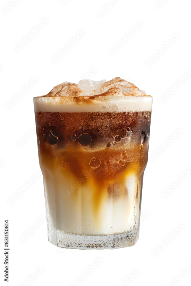 A glass of coffee with a brown foam on top. The foam is made of milk and it is sitting on a white background, isolated transparent background A glass of coffee with a brown foam on top. The foam is made of milk and it is sitting on a white background, isolated transparent background
