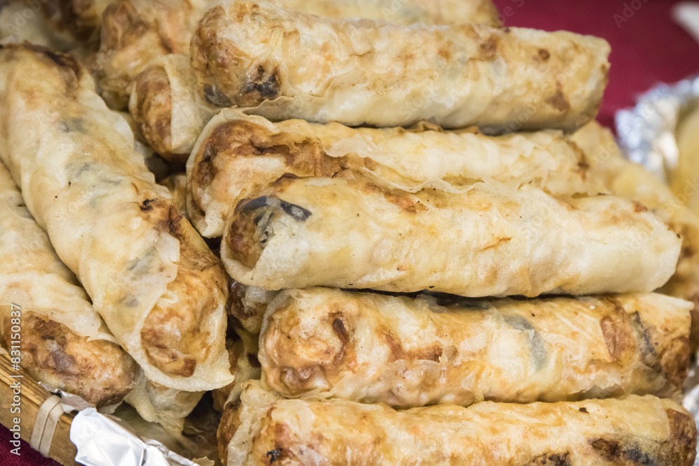 Aromatic crunchy spring rolls with meat and vegetables. Traditional Chinese cuisine Aromatic crunchy spring rolls with meat and vegetables. Traditional Chinese cuisine