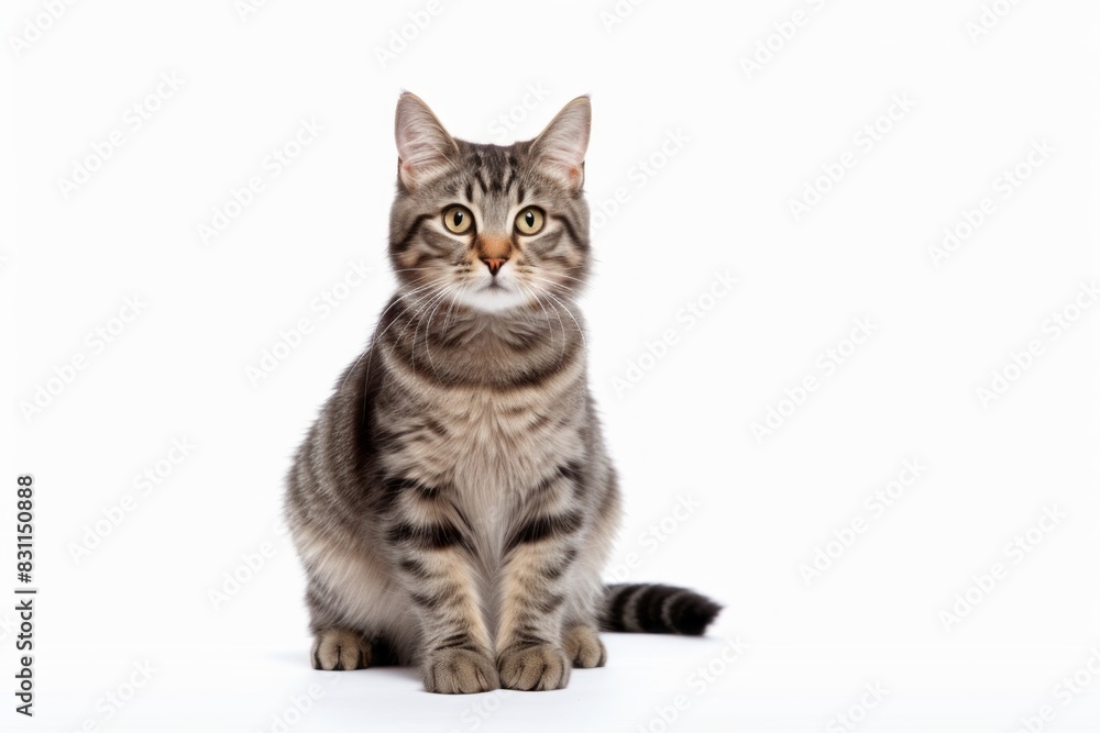 Portrait of a cute american bobtail cat while standing against white background Portrait of a cute american bobtail cat while standing against white background