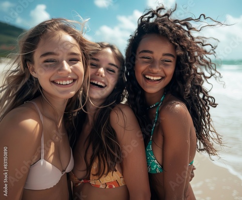 Three joyful girls laughing together on the beach makes for a beautiful, vibrant wallpaper and abstract background concept, perfect for a best-seller image