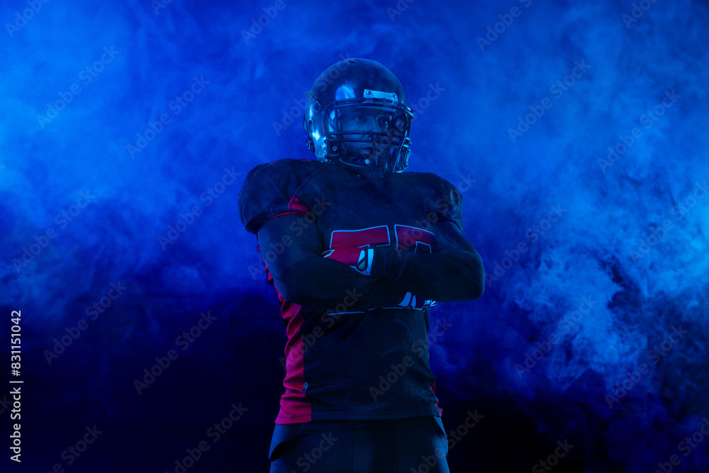 American football player banner on red neon background. Template for bookmaker ads with copy space. Mockup for betting advertisement. Sports betting, football betting, gambling, bookmaker, big win