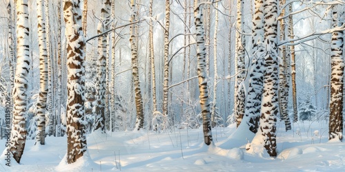 Snowy trunks of birch trees in winter forest © Lubos Chlubny