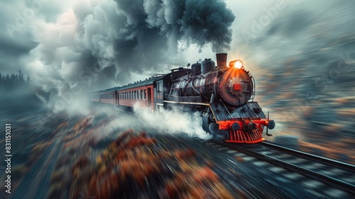 A classic steam train in motion and billowing thick clouds of smoke and steam