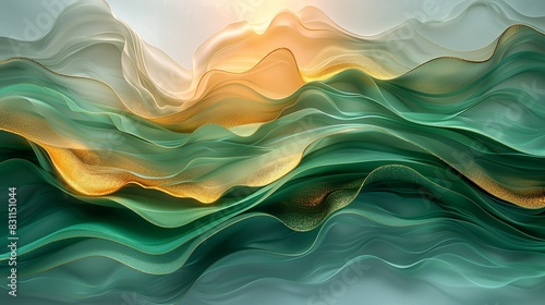 Abstract waves of green and gold flowing towards a central point, representing the convergence of wealth and success. Minimal and Simple style photo