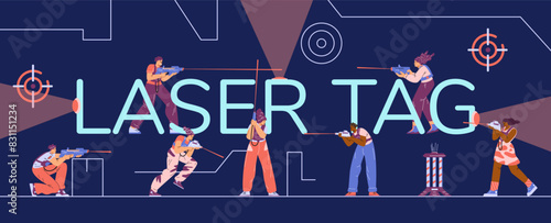 Vector concept of the laser tag gameplay with players equipped with weapons and protective gear