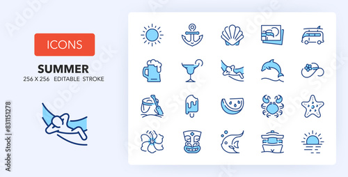 Line icons about beach activities and summer. Contains such icons as beach, surf, tropical island and more. 256x256 Pixel Perfect editable in two colors