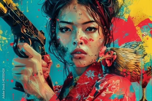 A vibrant, drugcore-themed illustration of an Asian-inspired woman holding a gun and a chicken, styled in cartoon pop art. The poster emphasizes the joints and connections, with baroque influences photo