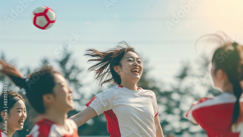 A team of cheerful Japanese female soccer players eagerly engage in a playful game, each aiming to strike the ball with precision and skill. photo