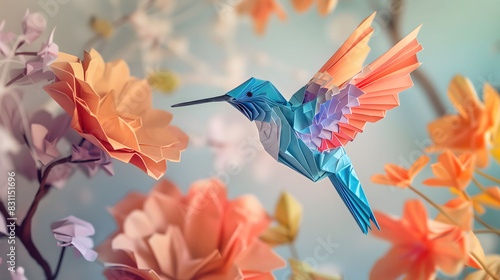 Origami Diorama of Flying Hummingbird Approaching Flower Nectar