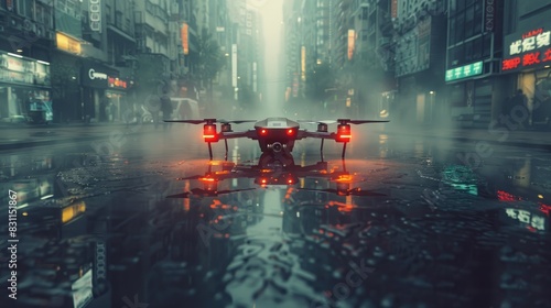 AI Security Drone Over Reflected Urban Landscape in MirrorStill Pool