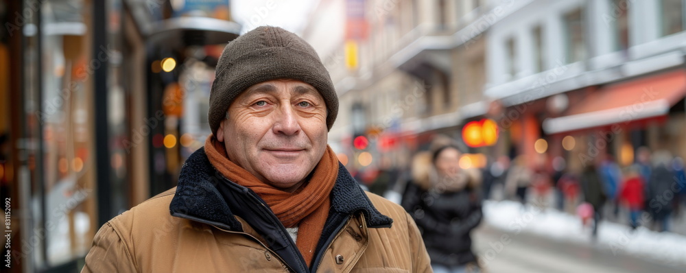 Man immigrant wearing warm clothes stands in city street. Male navigates complexities of urban life in new homeland after immigration. Man immigrant wearing warm clothes stands in city street. Male navigates complexities of urban life in new homeland after immigration.