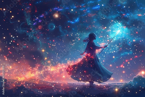 Female Enchanter in Space Surrounded by Stars Planets and Galaxies