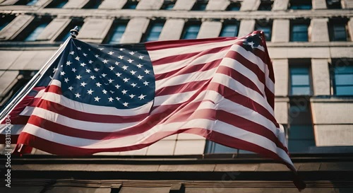 US flag in a city.