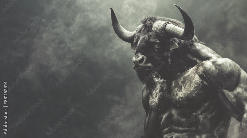 Muscular minotaur with large horns standing against dark, smoky background. Mythological creature showing strength and power Muscular minotaur with large horns standing against dark, smoky background. Mythological creature showing strength and power