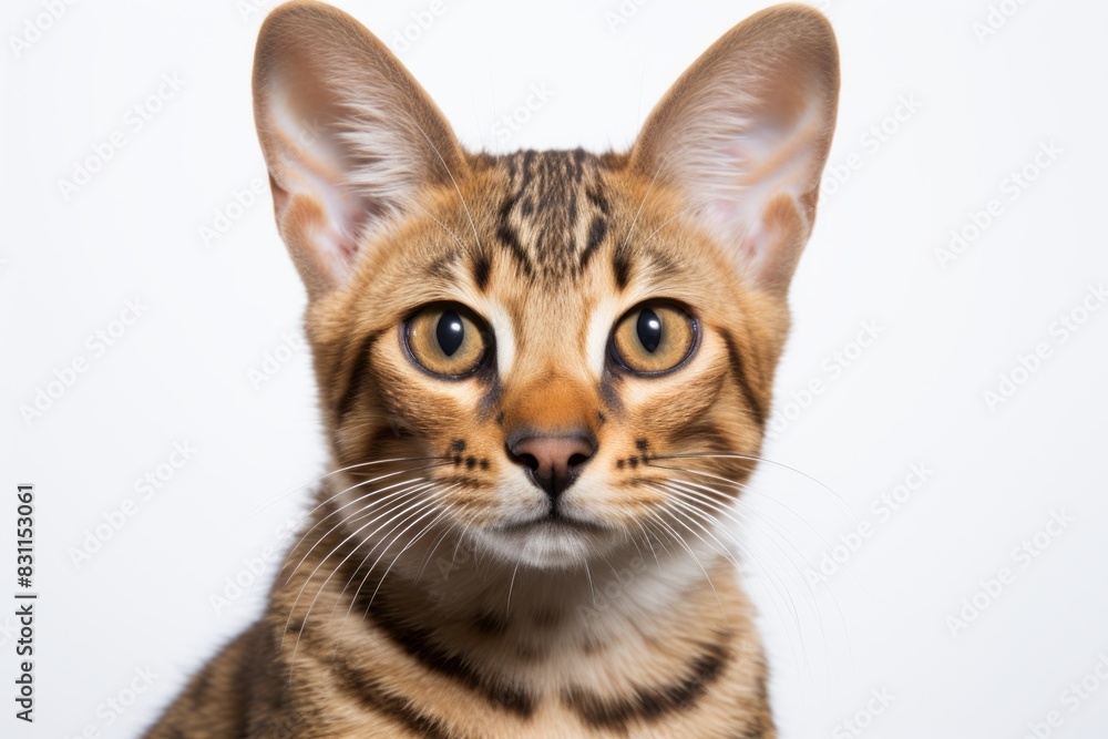 Portrait of a cute savannah cat while standing against white background Portrait of a cute savannah cat while standing against white background