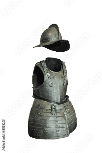Εκτύπωση καμβά Old medieval knight breastplate body armor with helmet, isolated, transparent pn