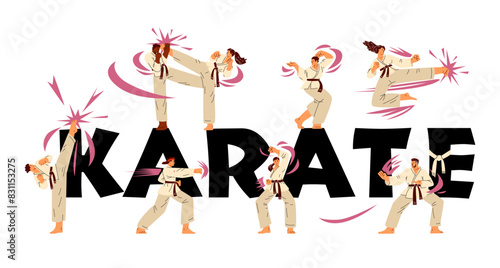 Karate woman and man fighters in kimono training vector flat typography banner, Japanese martial art Karate kick posture