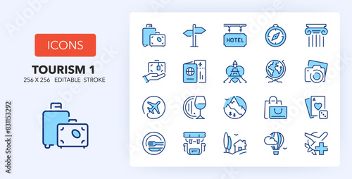 Line icons about tourism and travel destinations. Contains such icons as ecotourism, outdoor, casino and more. 256x256 Pixel Perfect editable in two colors. Set 1/2