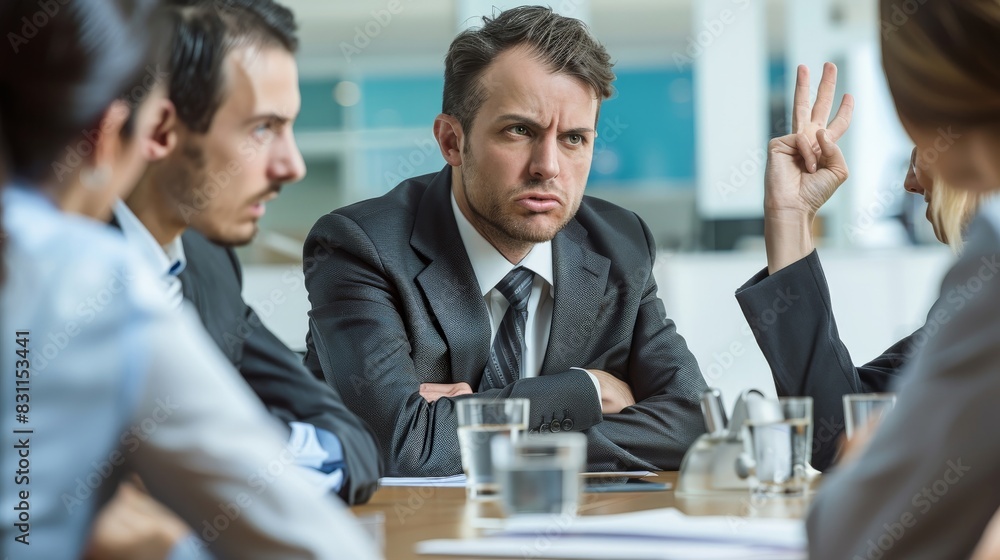 A business team involved in a critical discussion, with one member feeling unfairly treated A business team involved in a critical discussion, with one member feeling unfairly treated