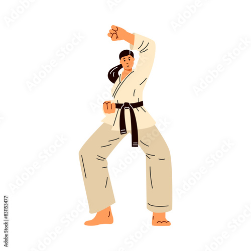 The character is a karateka in motion practicing martial art. Isolated background.