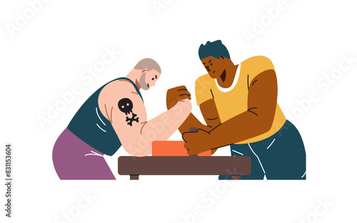 Vector graphics reflect the essence of arm wrestling, showing muscular characters competing on a table